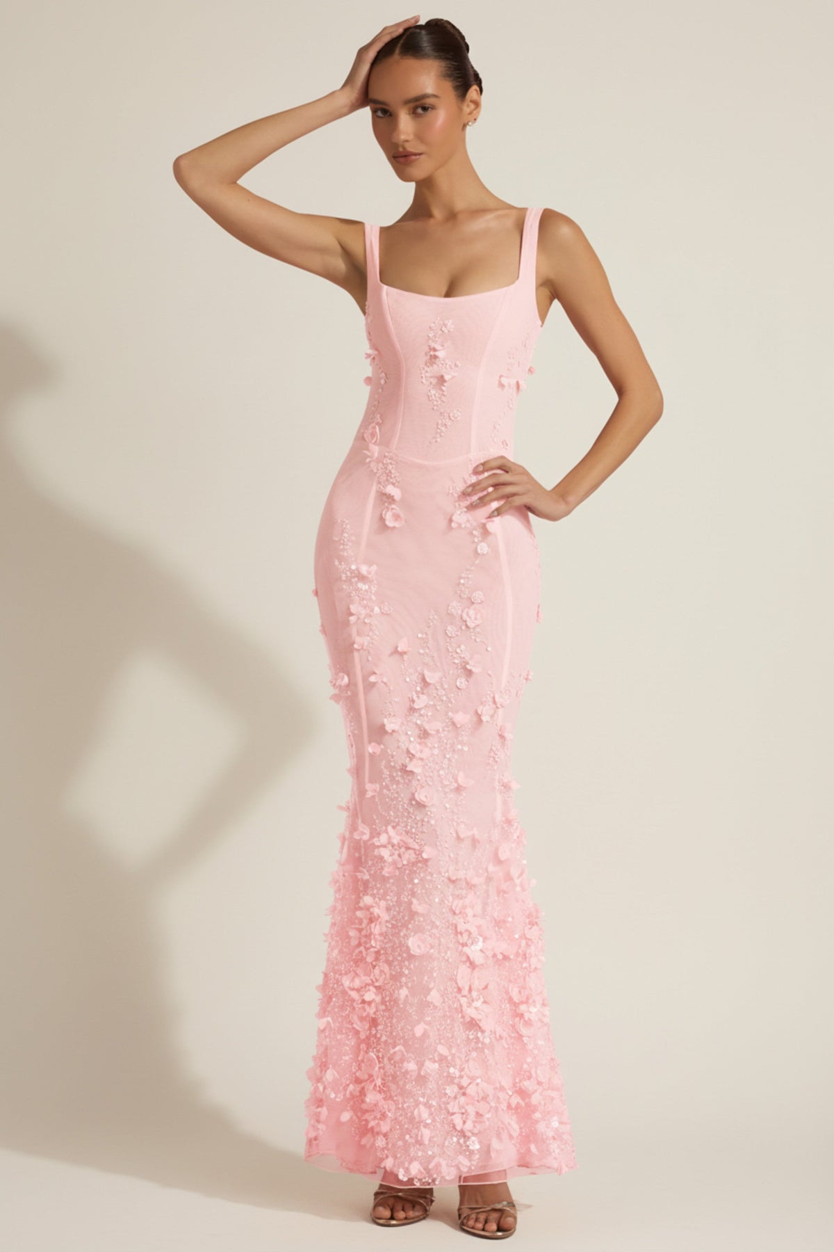 Loovay Vanaria Fishtail Maxi Jurk met Bloemenapplicaties
