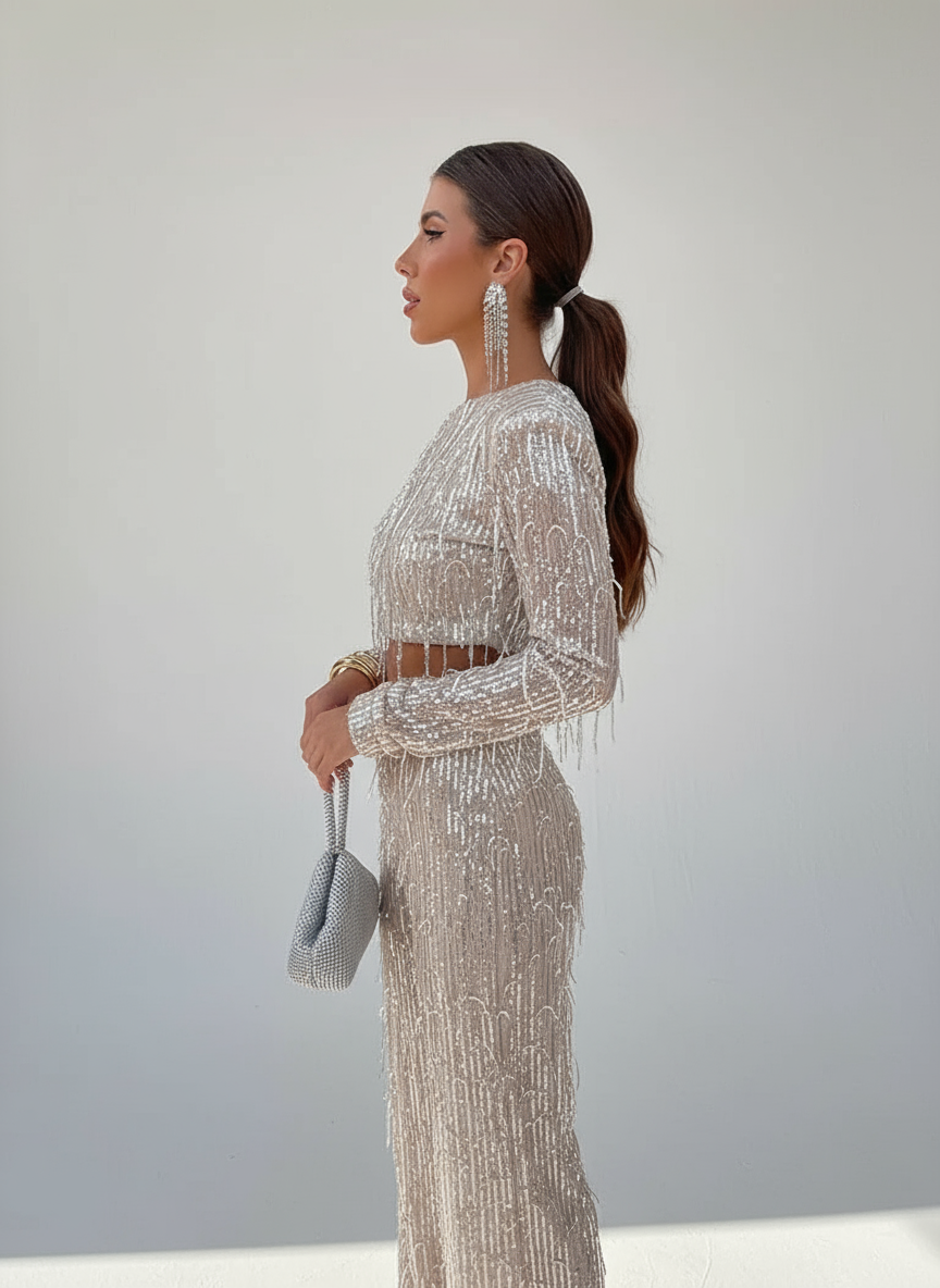 Averine – Luxe pailletten set met cropped top en kwastdetails