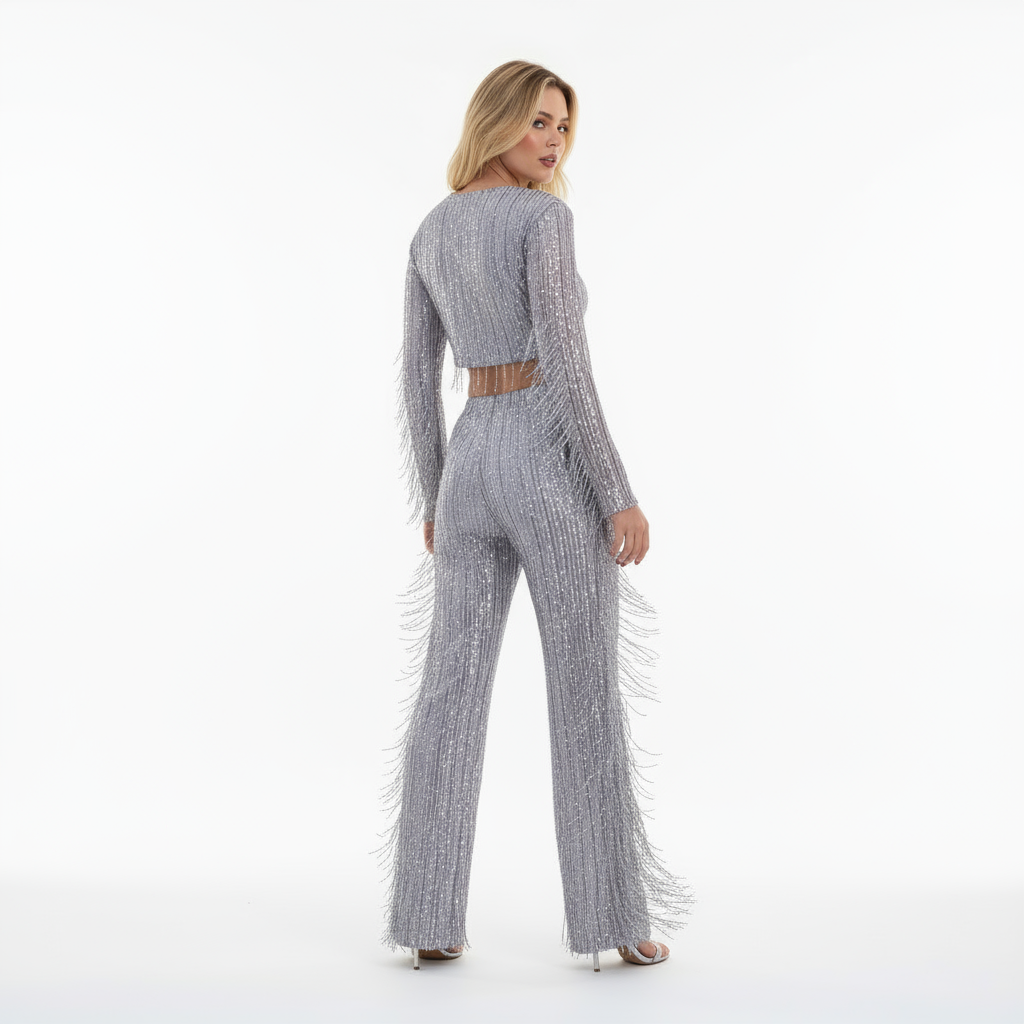 Averine – Luxe pailletten set met cropped top en kwastdetails