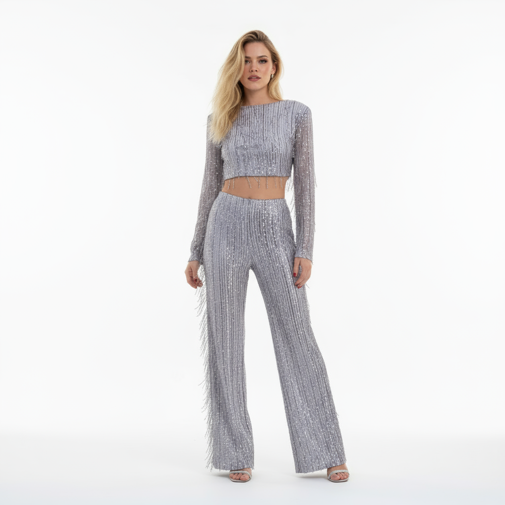 Averine – Luxe pailletten set met cropped top en kwastdetails