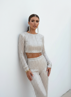 Pailletten tweedelige set met crop top en franjes