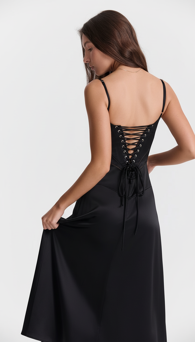 Celeste – Satijnen maxi-jurk met korsetvetersluiting