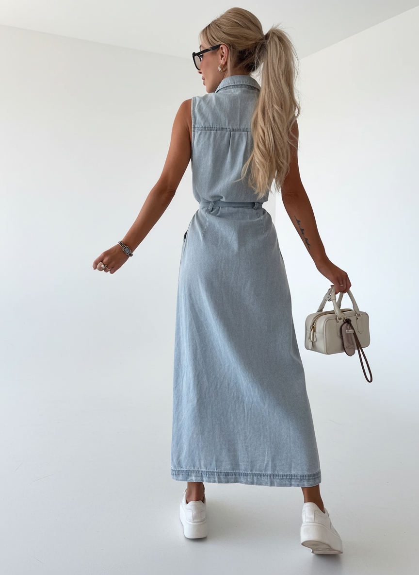 Isabelle - Maxi denim jurk met elegante doorknoopsluiting