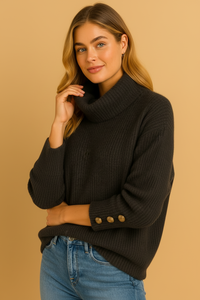 Runa - Turtleneck Trui met Hoge Kraag & Knoopdetails – Stijlvol, Warm & Tijdloos