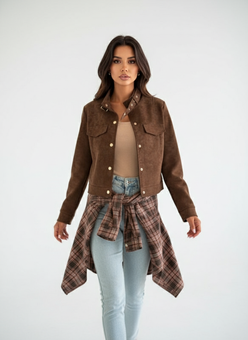 Sienna - Korte Suèdelook Jas met Gouden Knopen, Elegant & Modern
