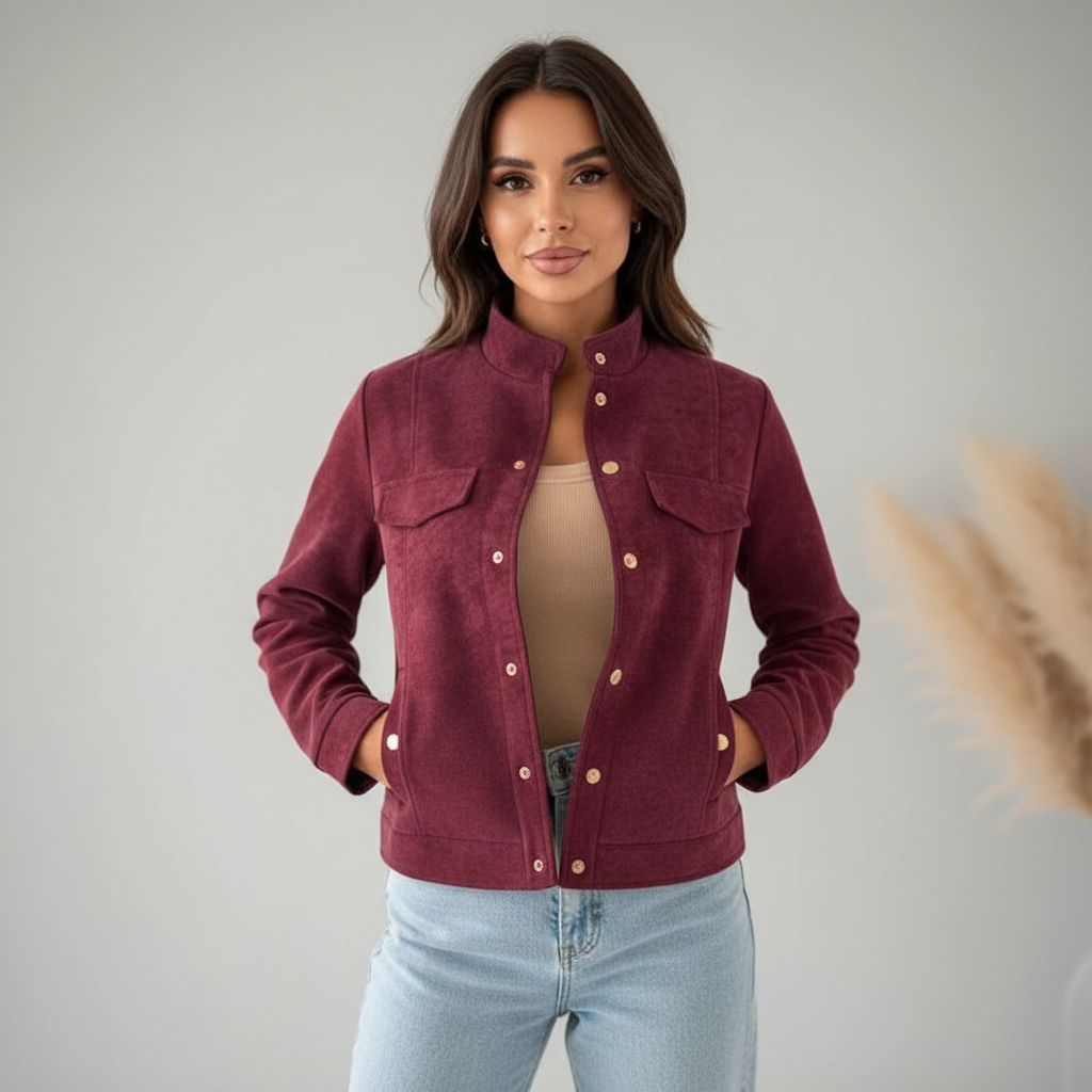 Sienna - Korte Suèdelook Jas met Gouden Knopen, Elegant & Modern