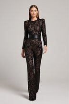 Elegante kanten jumpsuit met pailletten en wijde pijpen
