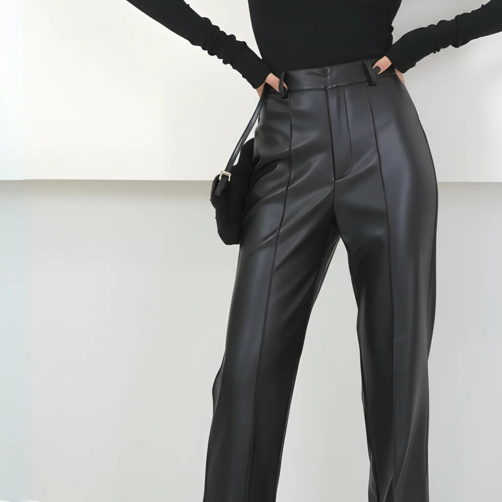Loovay Sleek, High Waist Broek met Leren Look