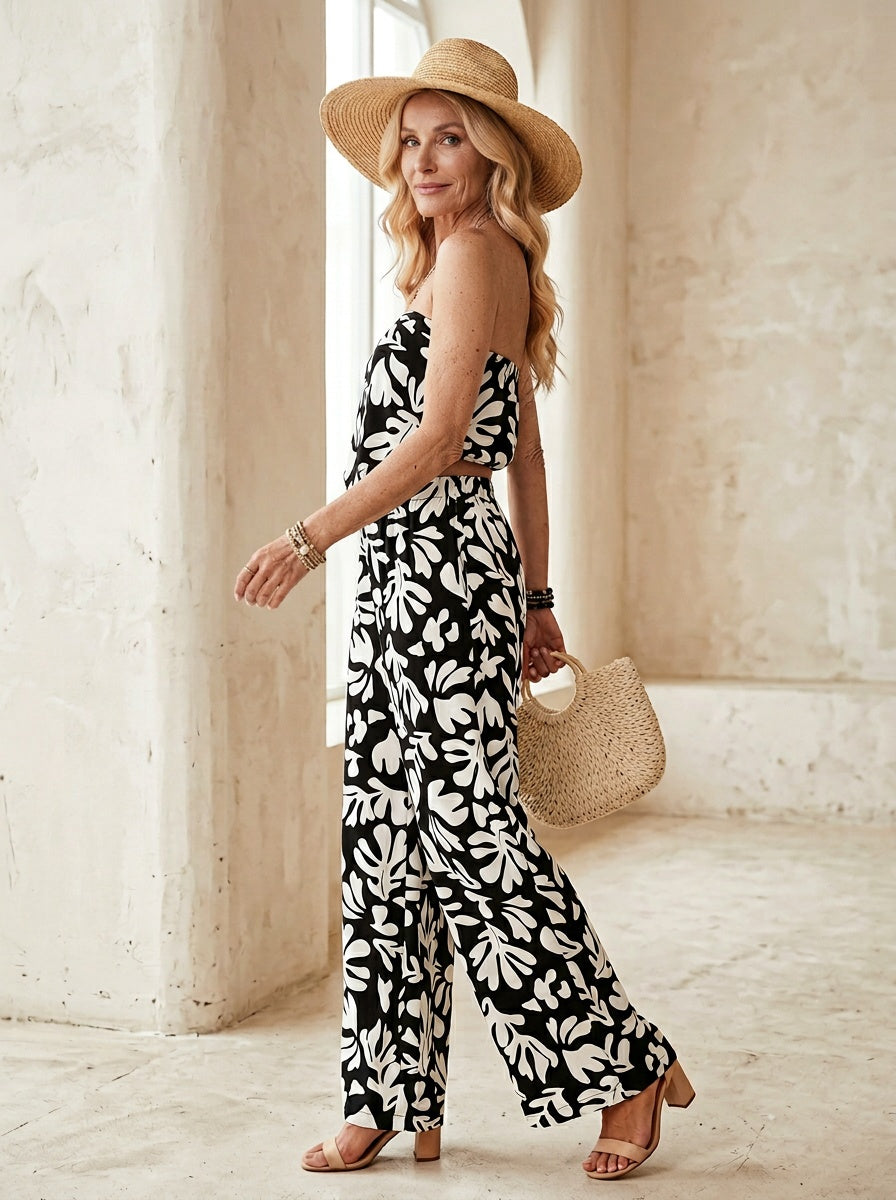 Loovay Abstract Leaf - Dames strapless set met wijde pijpen