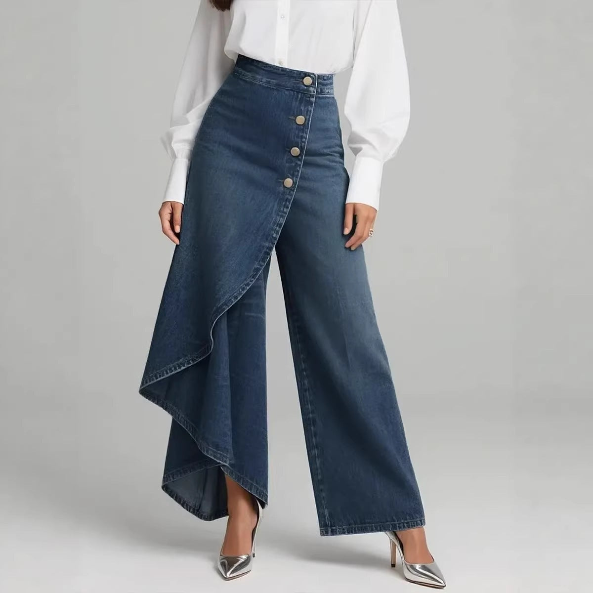Loovay Velmora Denim Wikkelbroek met Wijde Pijpen