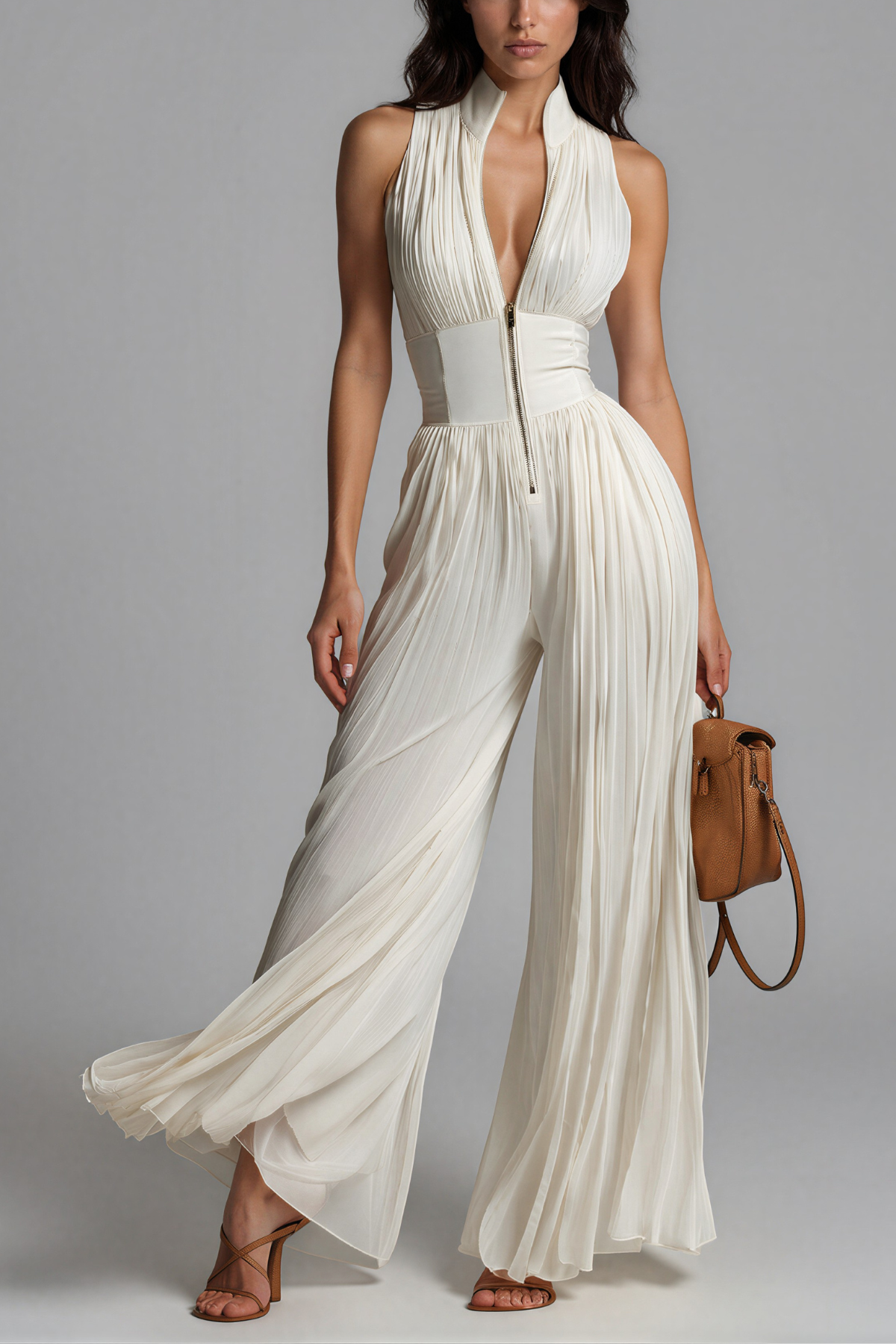 Loovay Vellora, Witte Plissé Jumpsuit met Rits