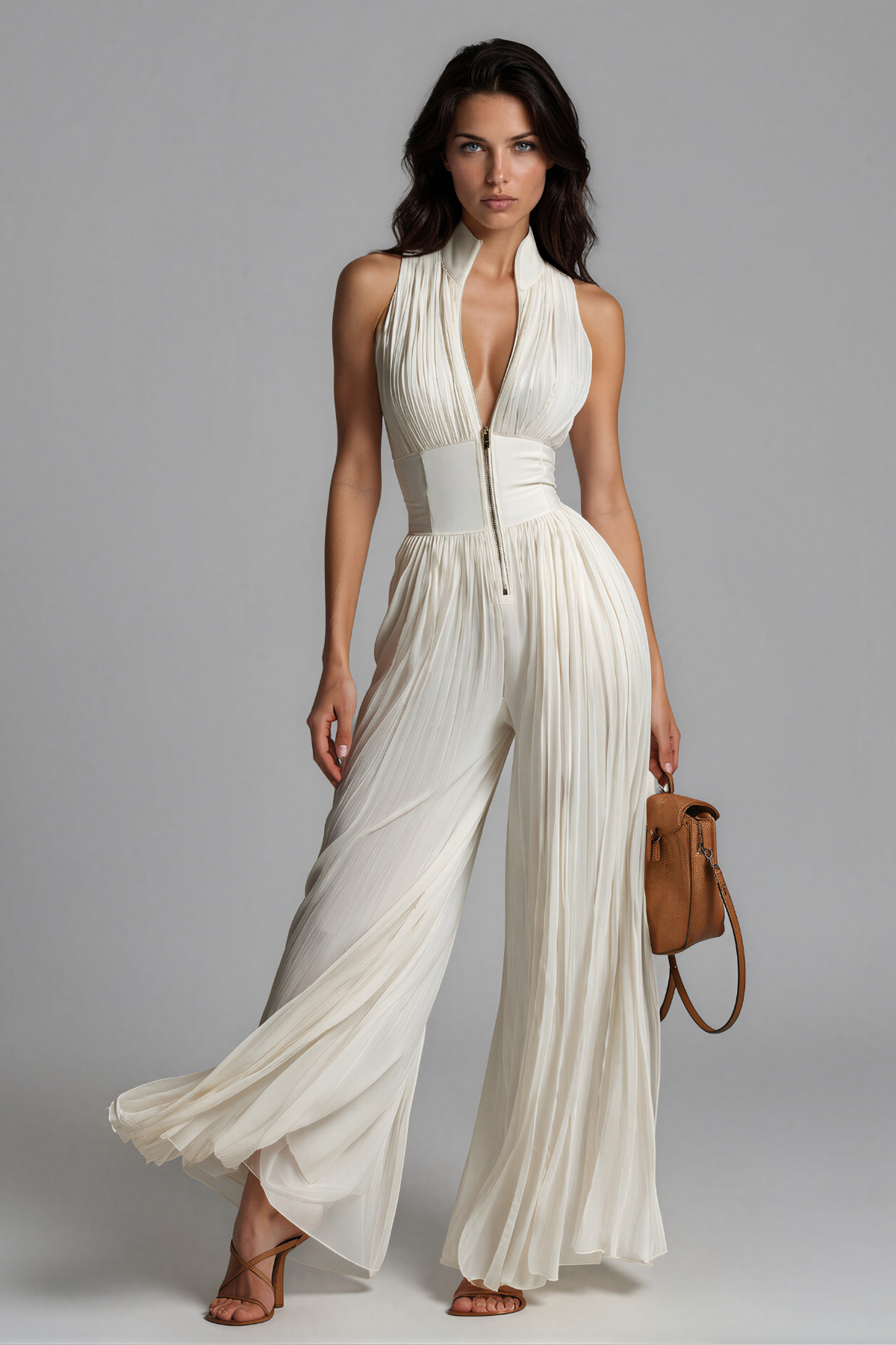 Loovay Vellora, Witte Plissé Jumpsuit met Rits