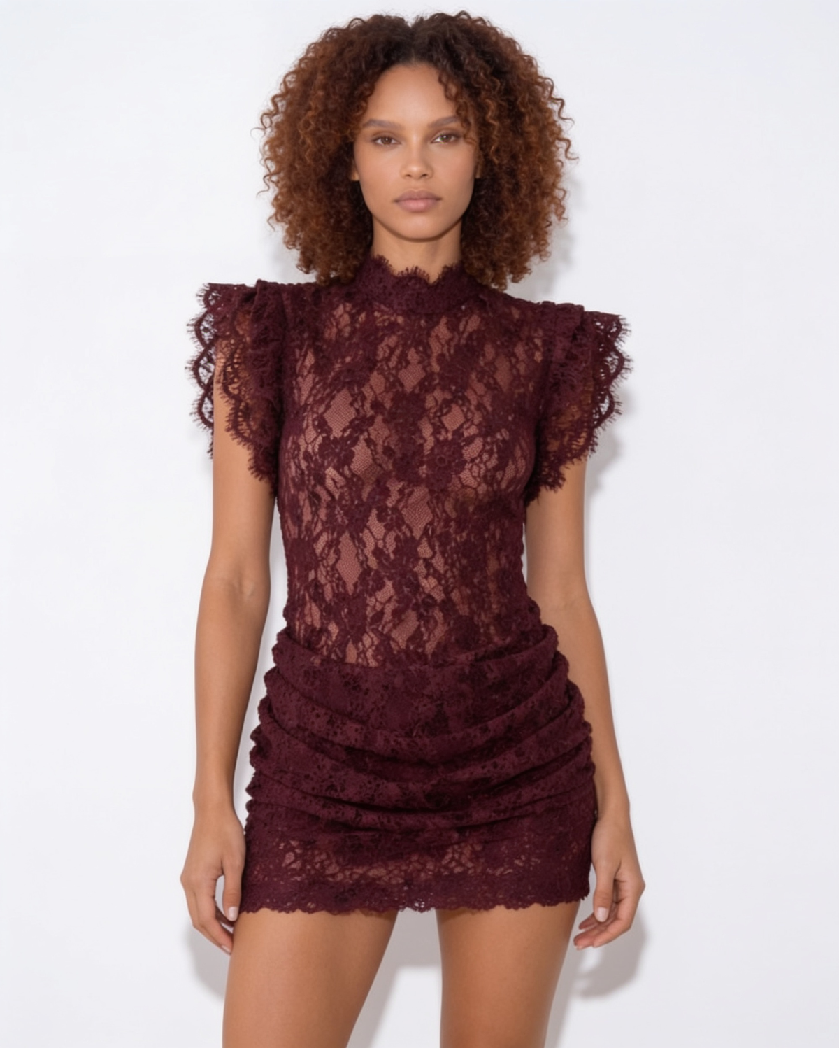 Loovay Lacessia Kanten Mini-jurk met Hoge Hals