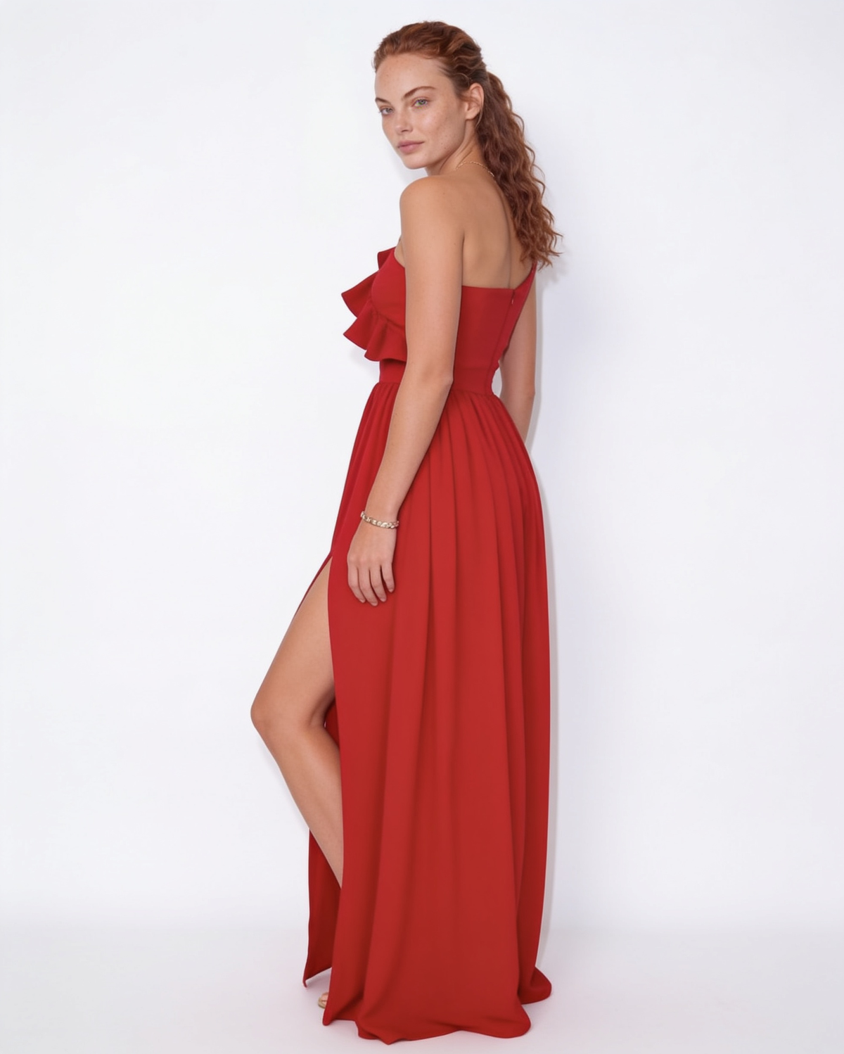 Loovay Ravienne One-Shoulder Maxi-jurk met Ruches en Split