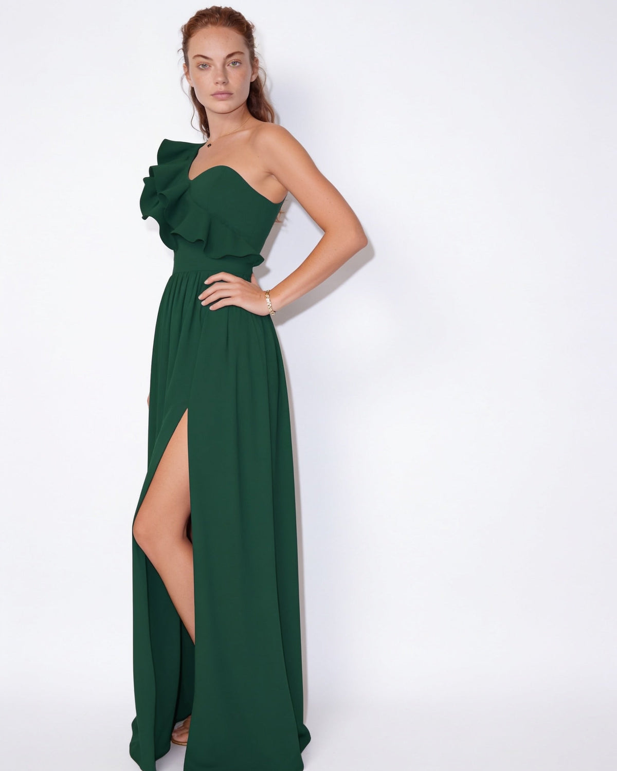 Loovay Ravienne One-Shoulder Maxi-jurk met Ruches en Split