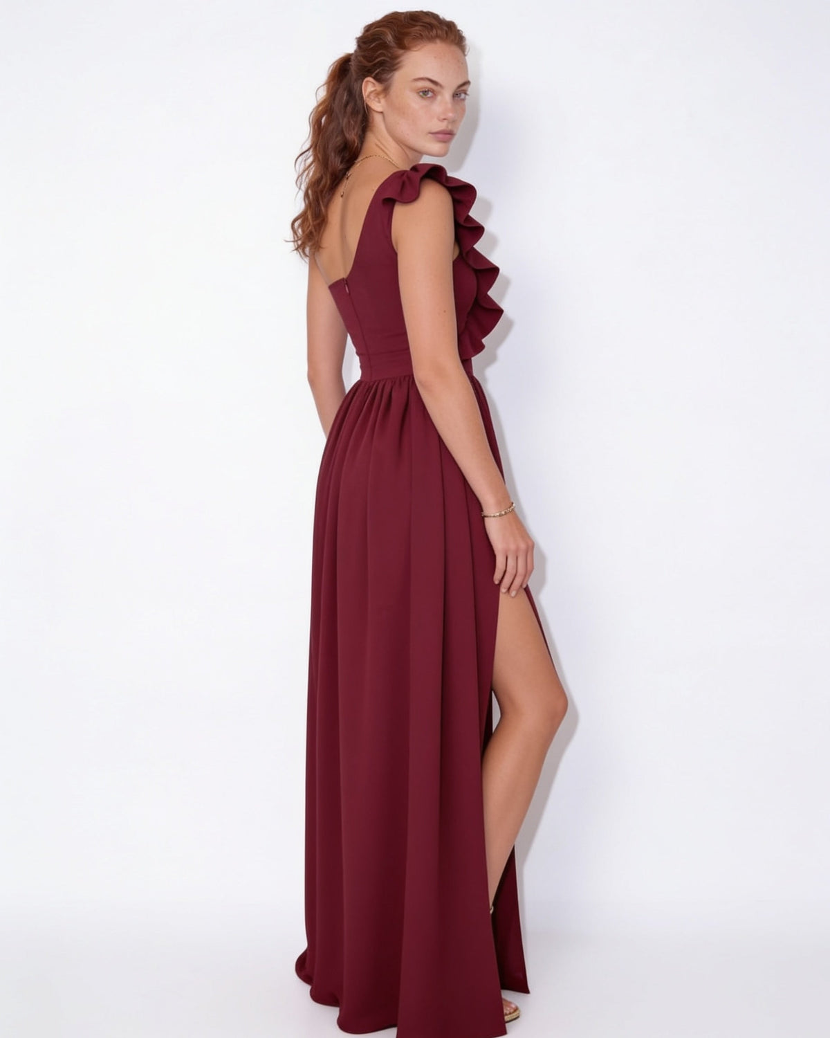 Loovay Ravienne One-Shoulder Maxi-jurk met Ruches en Split