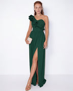 Loovay Ravienne One-Shoulder Maxi-jurk met Ruches en Split
