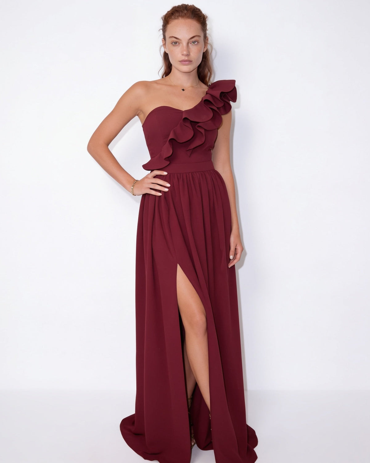 Loovay Ravienne One-Shoulder Maxi-jurk met Ruches en Split