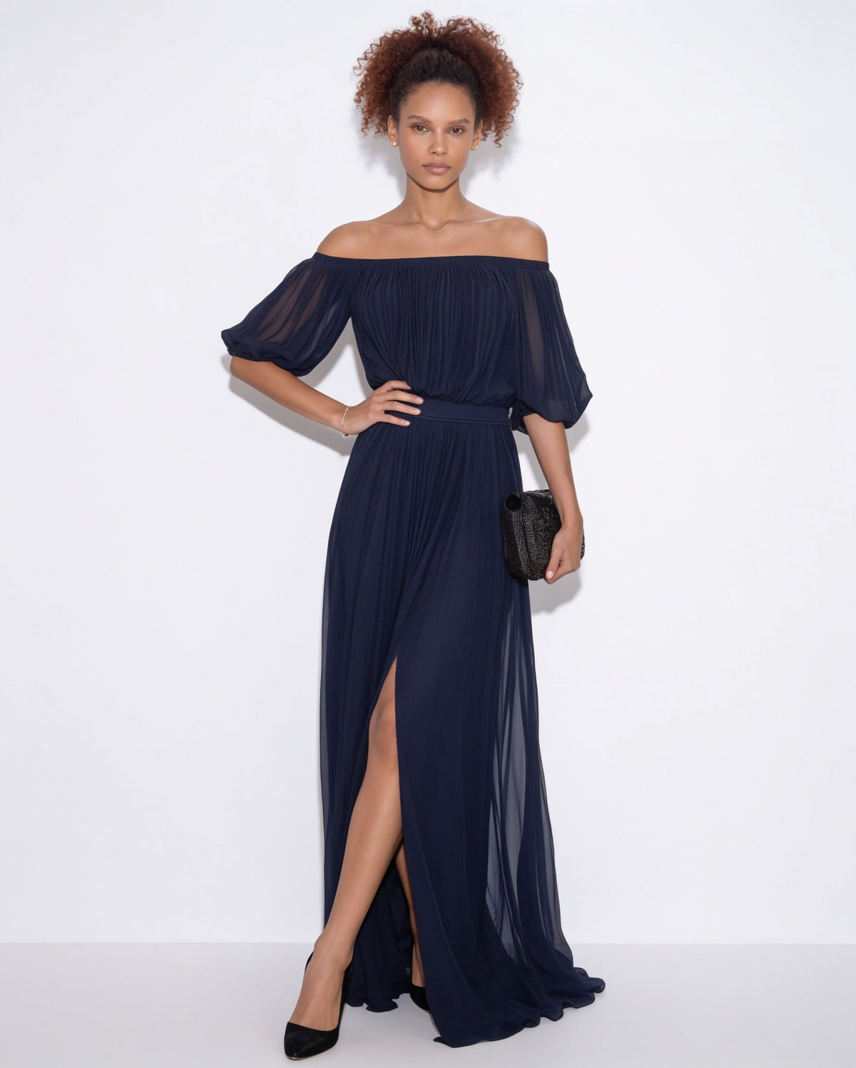 Loovay Evelisse Off-Shoulder Maxi-jurk, Geplooid met Split