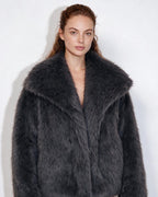 Loovay Odette Imitatiebont Jas met Oversized Sjaalkraag