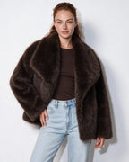 Loovay Odette Imitatiebont Jas met Oversized Sjaalkraag
