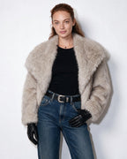 Loovay Odette Imitatiebont Jas met Oversized Sjaalkraag