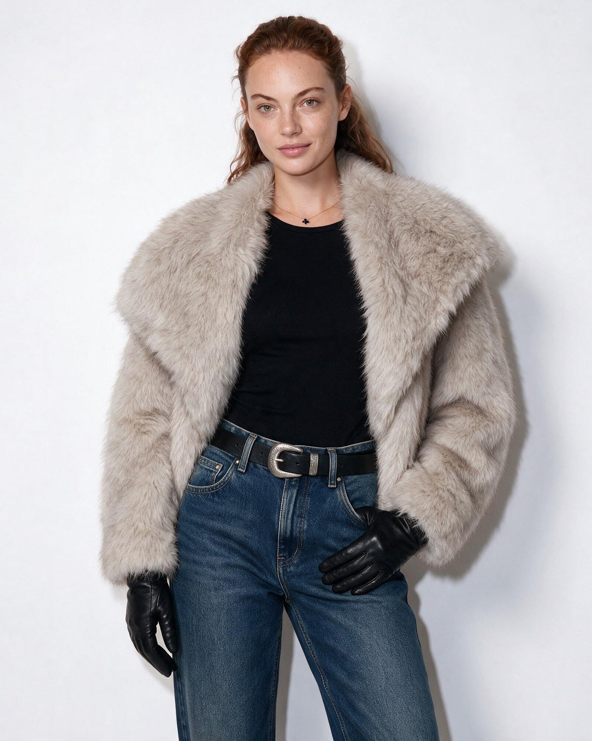 Loovay Odette Imitatiebont Jas met Oversized Sjaalkraag