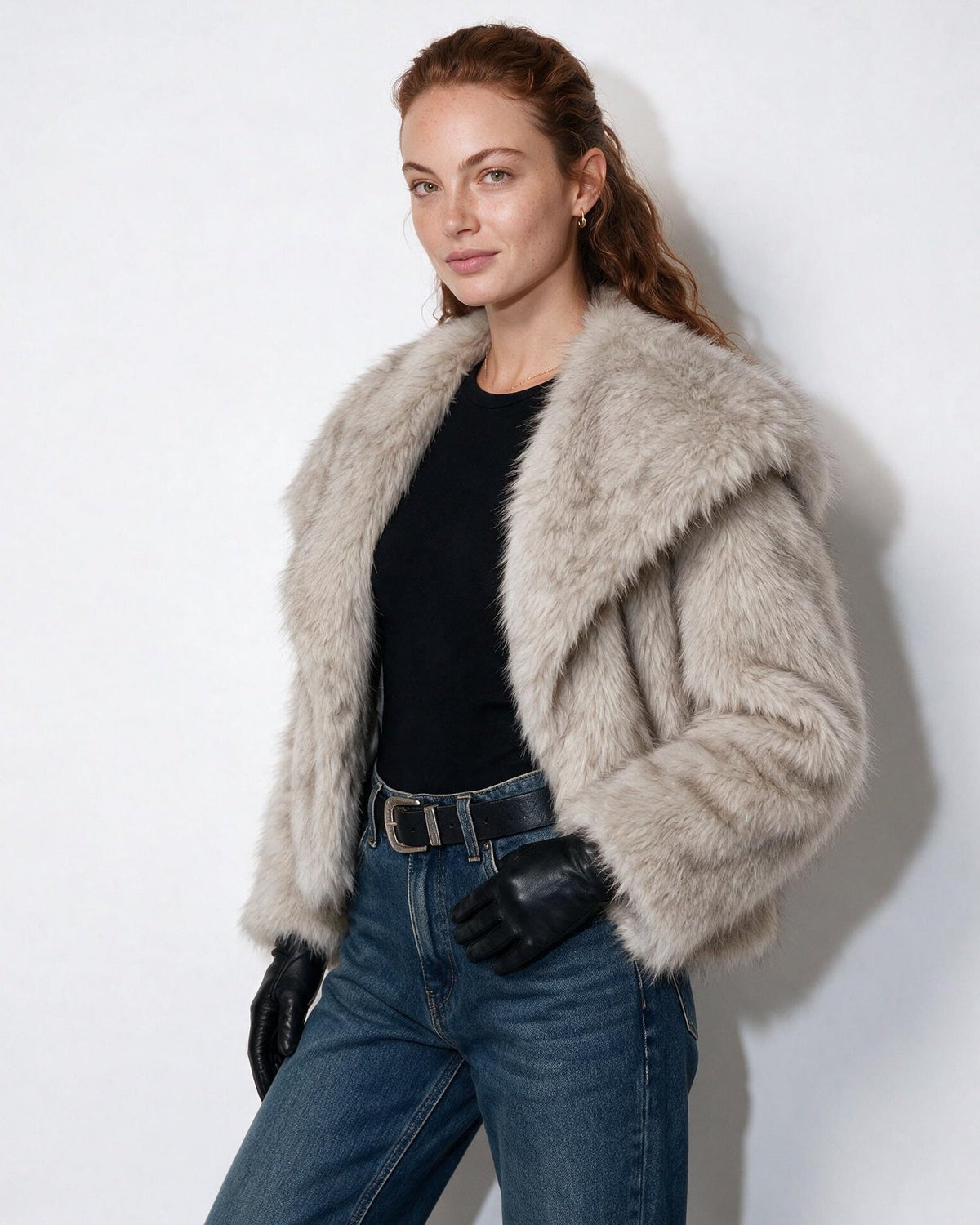 Loovay Odette Imitatiebont Jas met Oversized Sjaalkraag