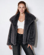 Loovay Odette Imitatiebont Jas met Oversized Sjaalkraag