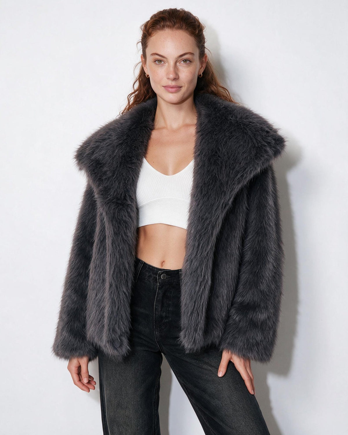 Loovay Odette Imitatiebont Jas met Oversized Sjaalkraag
