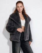 Loovay Odette Imitatiebont Jas met Oversized Sjaalkraag