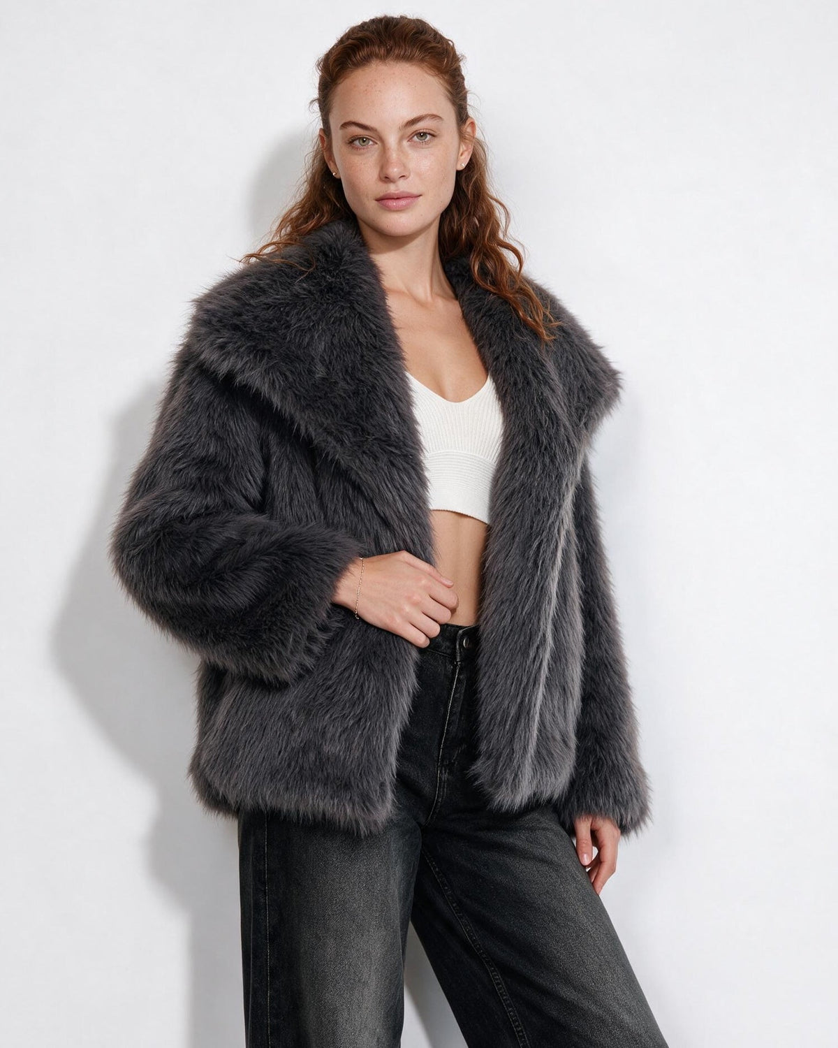 Loovay Odette Imitatiebont Jas met Oversized Sjaalkraag