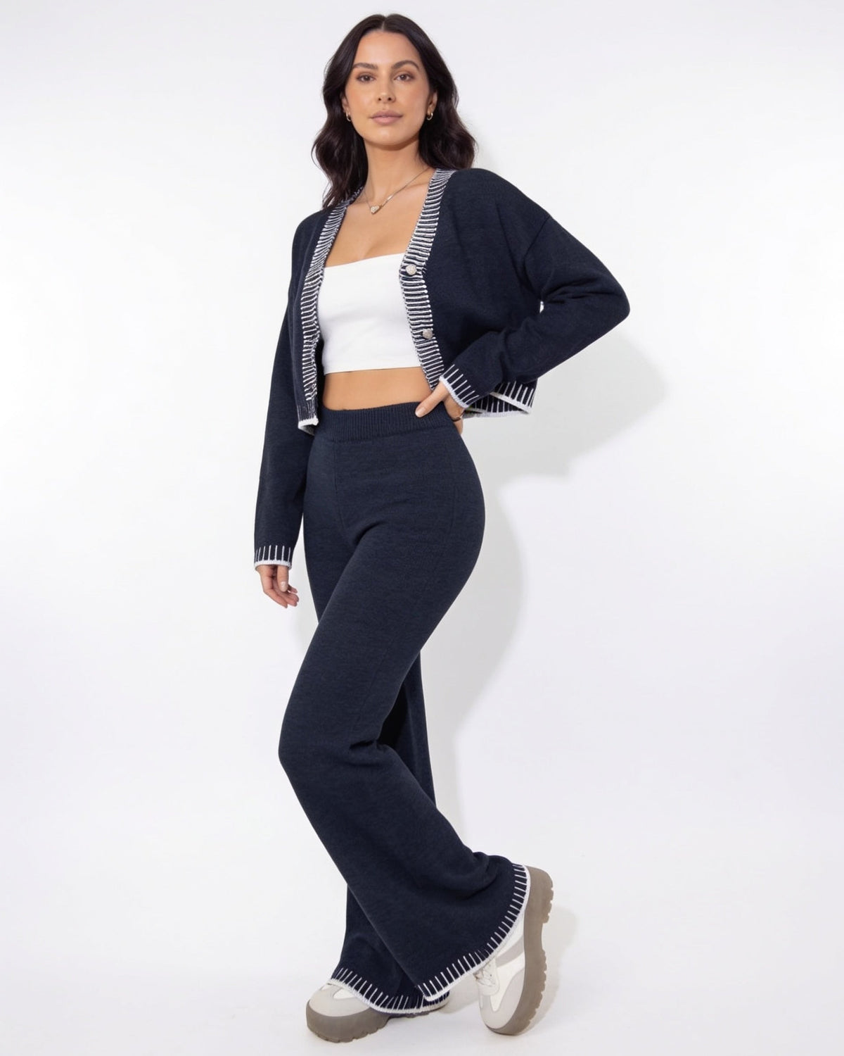 Loovay Veloura Gebreide Set met Vest en Wijde Broek