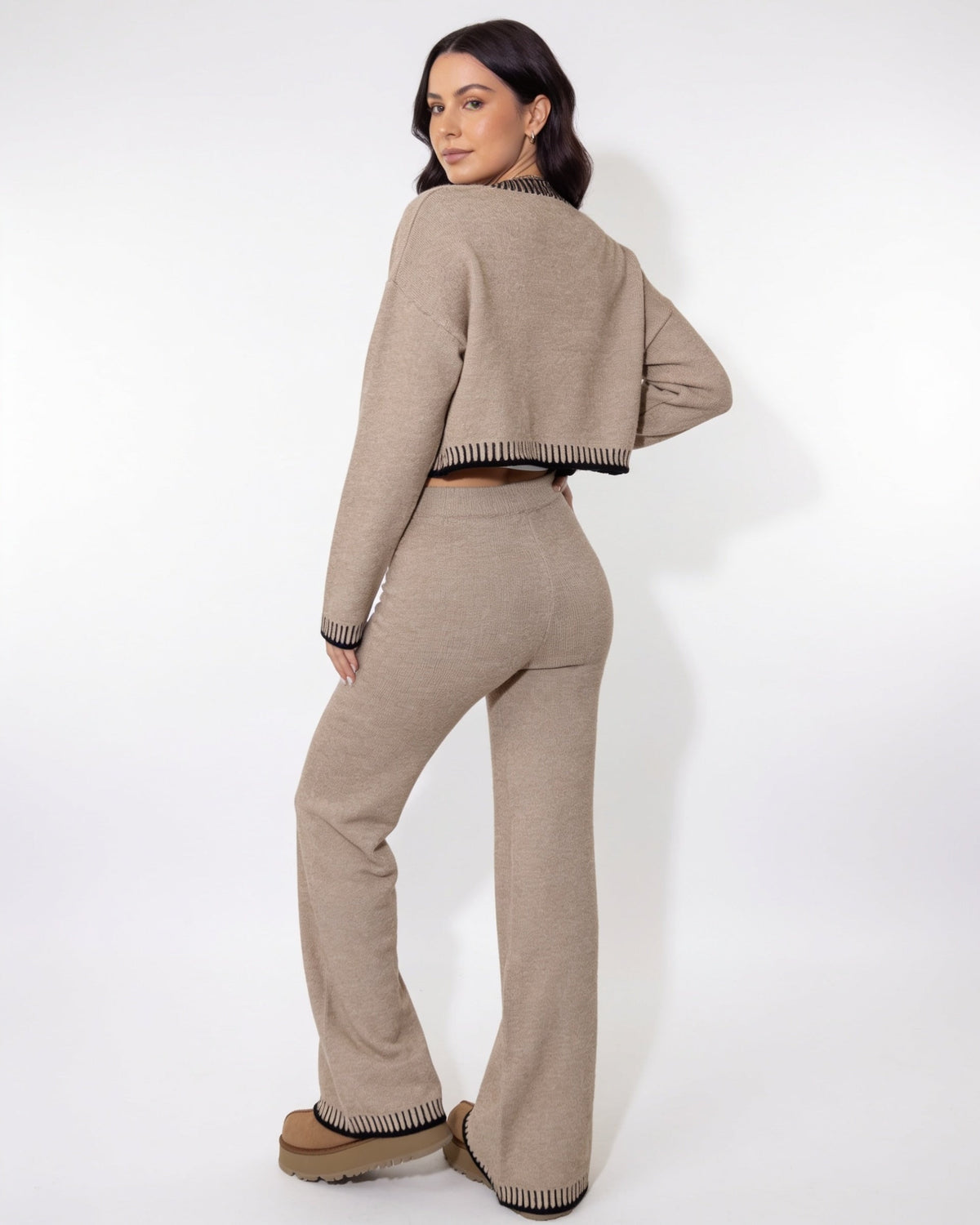 Loovay Veloura Gebreide Set met Vest en Wijde Broek