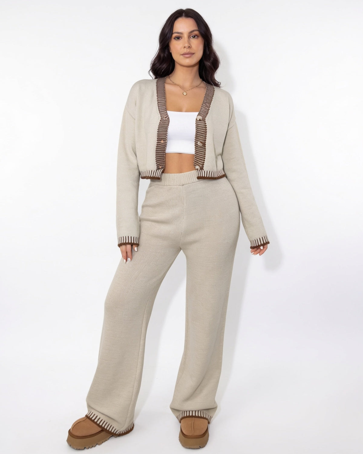 Loovay Veloura Gebreide Set met Vest en Wijde Broek