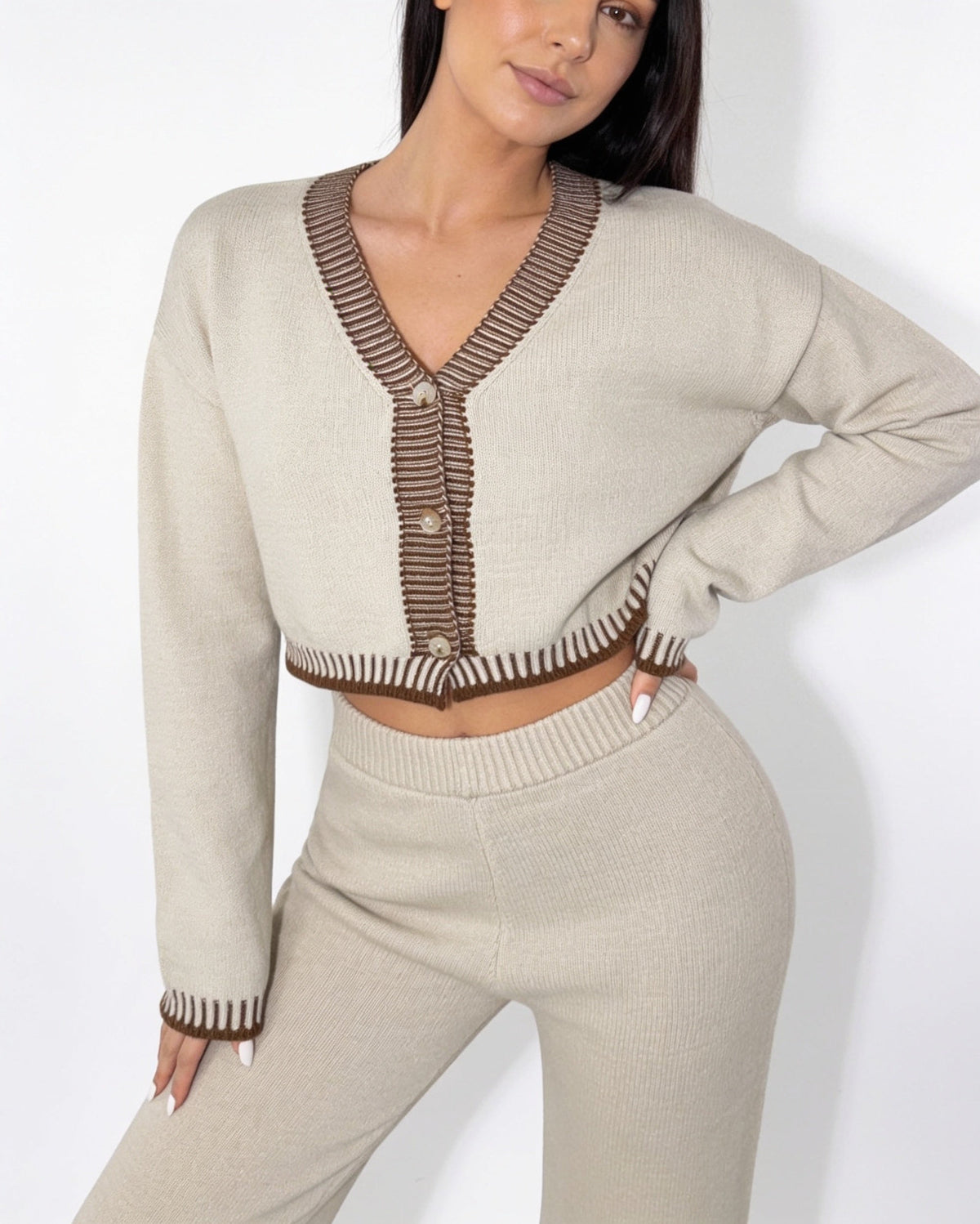 Loovay Veloura Gebreide Set met Vest en Wijde Broek