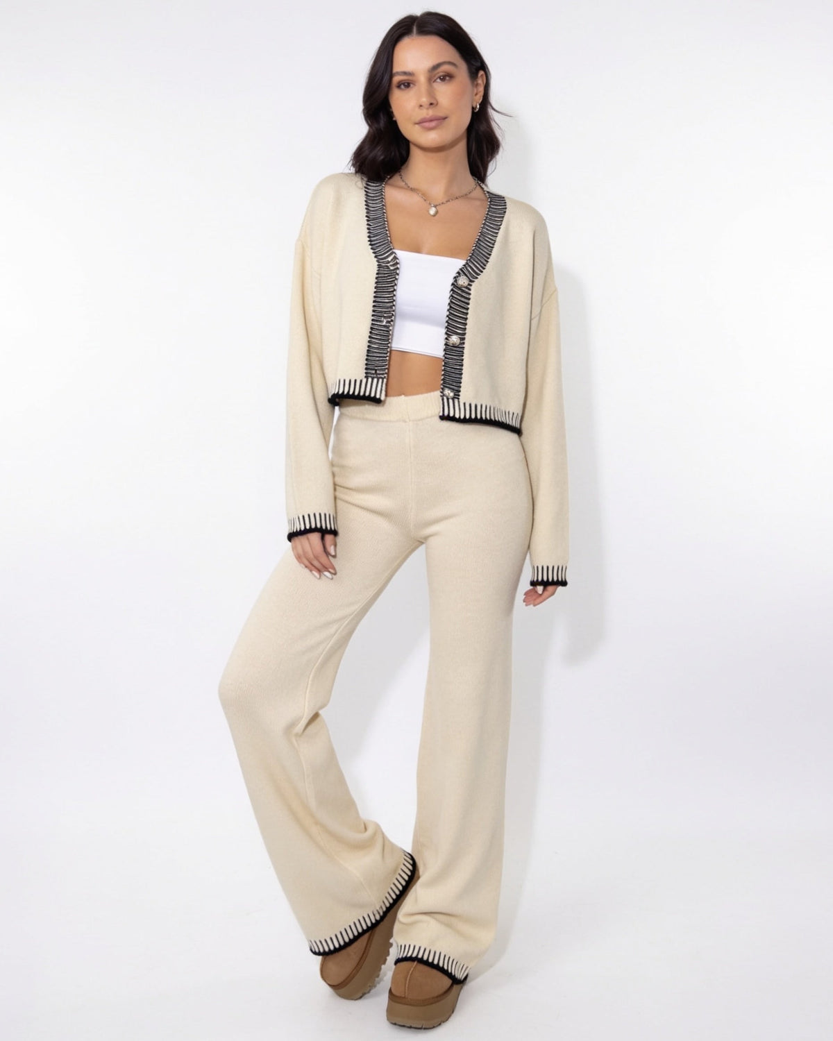 Loovay Veloura Gebreide Set met Vest en Wijde Broek