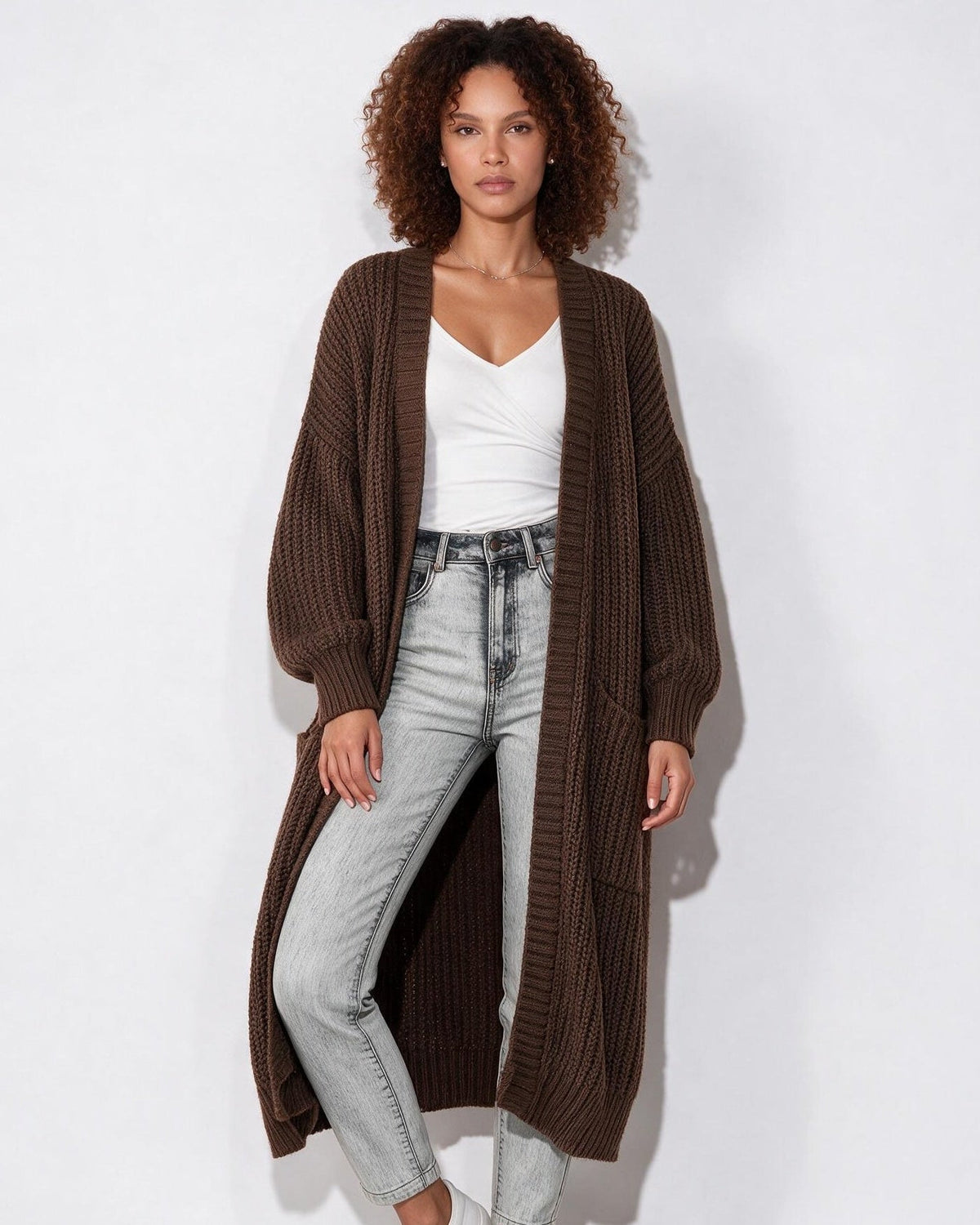 Loovay Marvienne Lang Gebreid Vest, Oversized Pasvorm