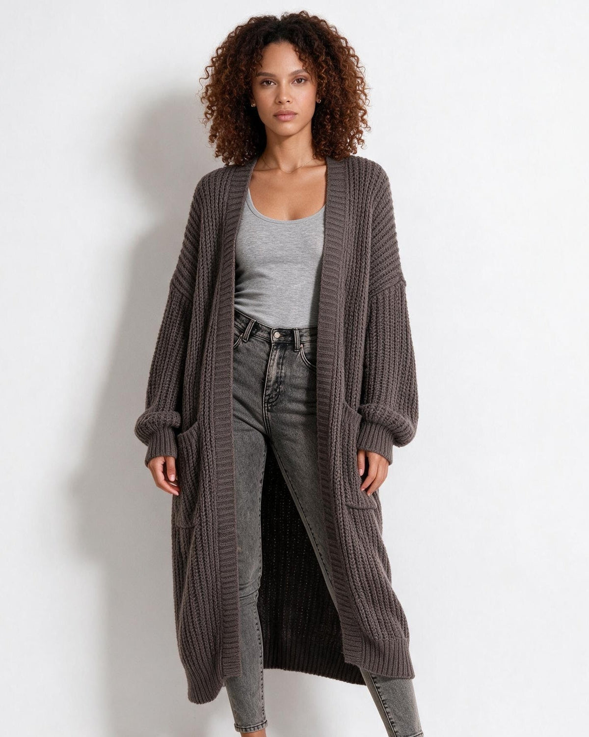 Loovay Marvienne Lang Gebreid Vest, Oversized Pasvorm