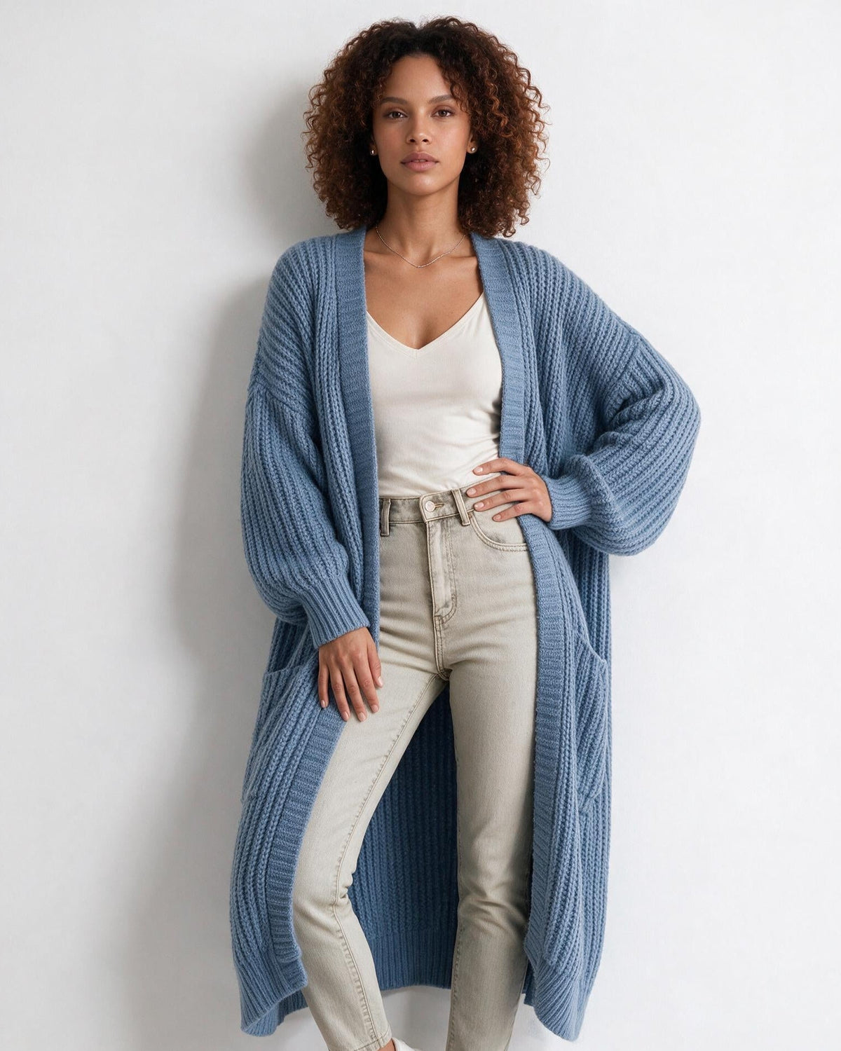 Loovay Marvienne Lang Gebreid Vest, Oversized Pasvorm
