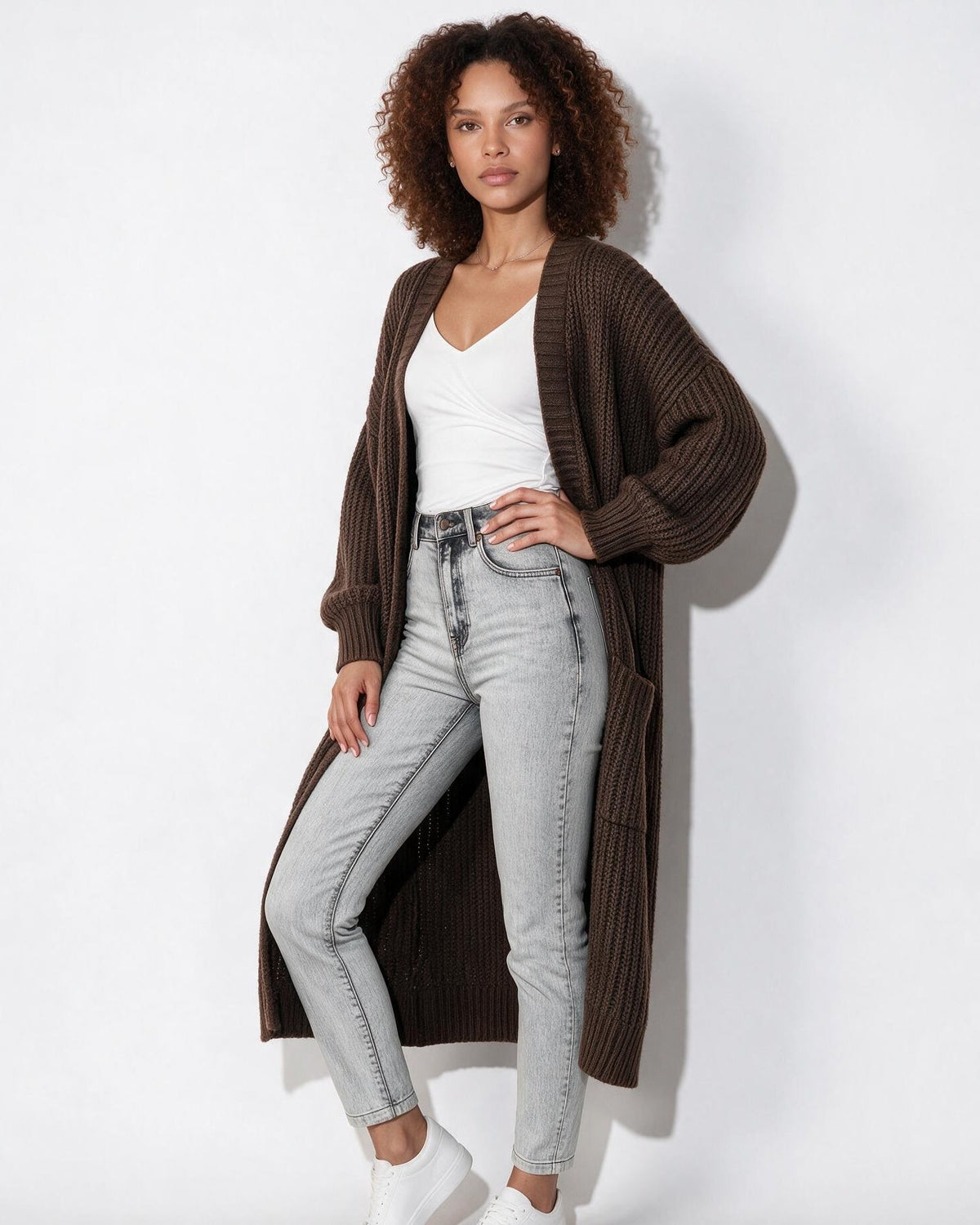 Loovay Marvienne Lang Gebreid Vest, Oversized Pasvorm