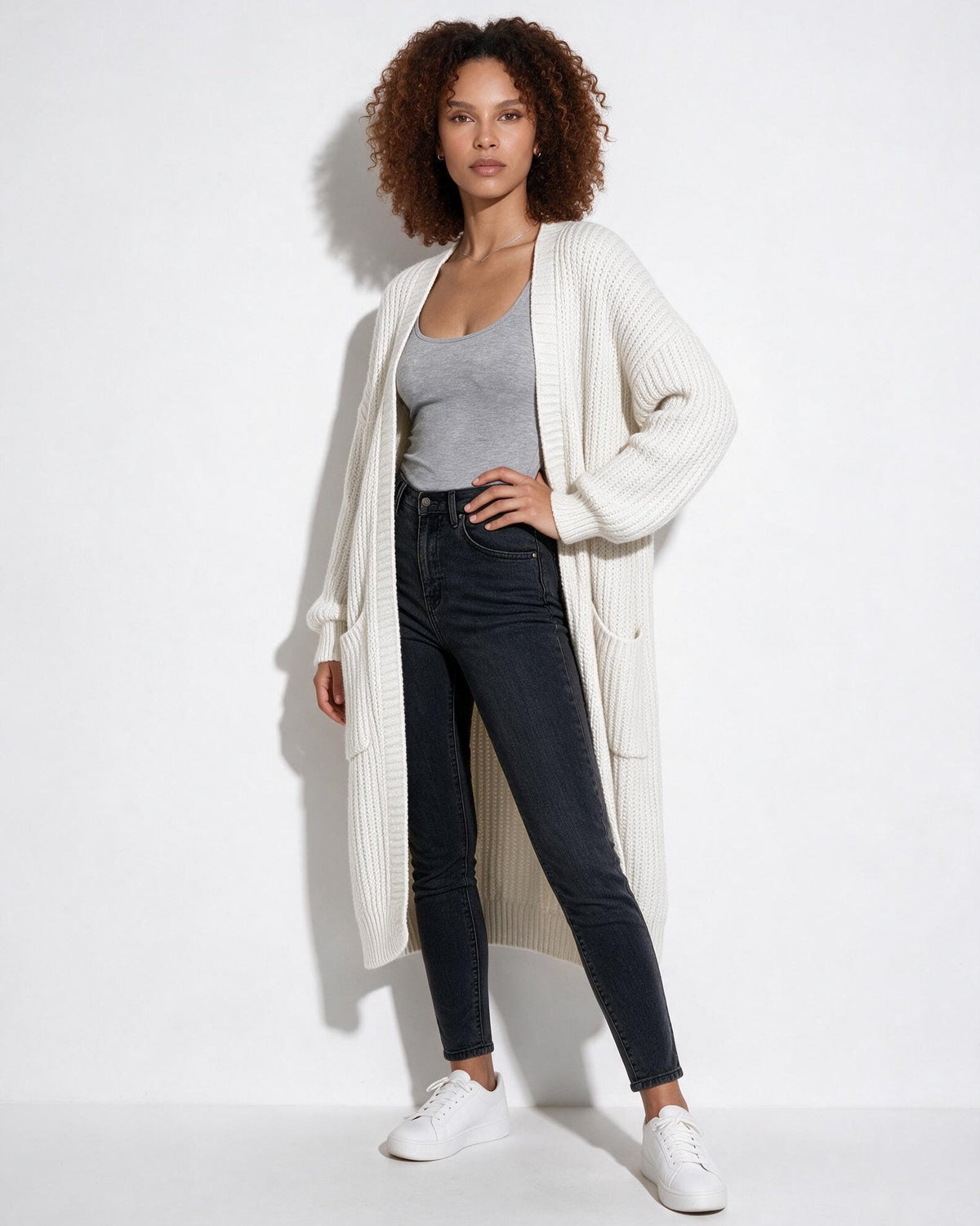 Loovay Marvienne Lang Gebreid Vest, Oversized Pasvorm