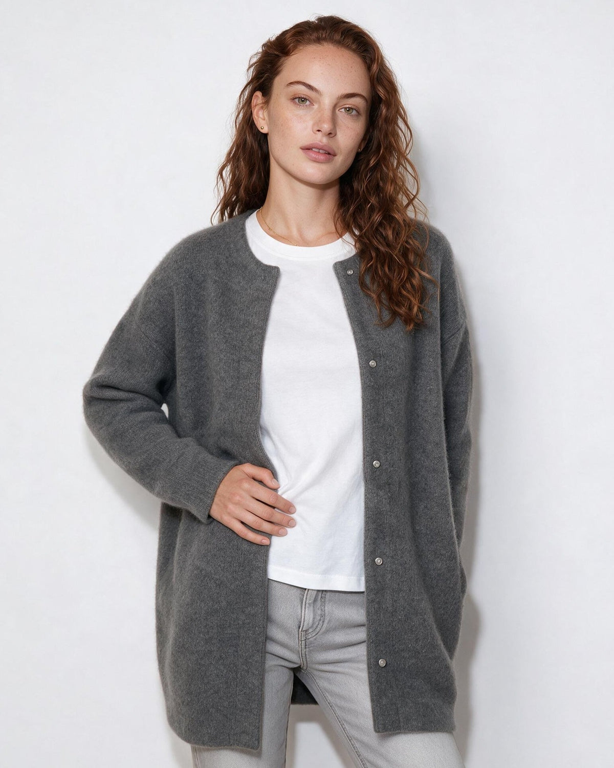 Loovay Sovelle Lang Damesvest, Oversized Pasvorm