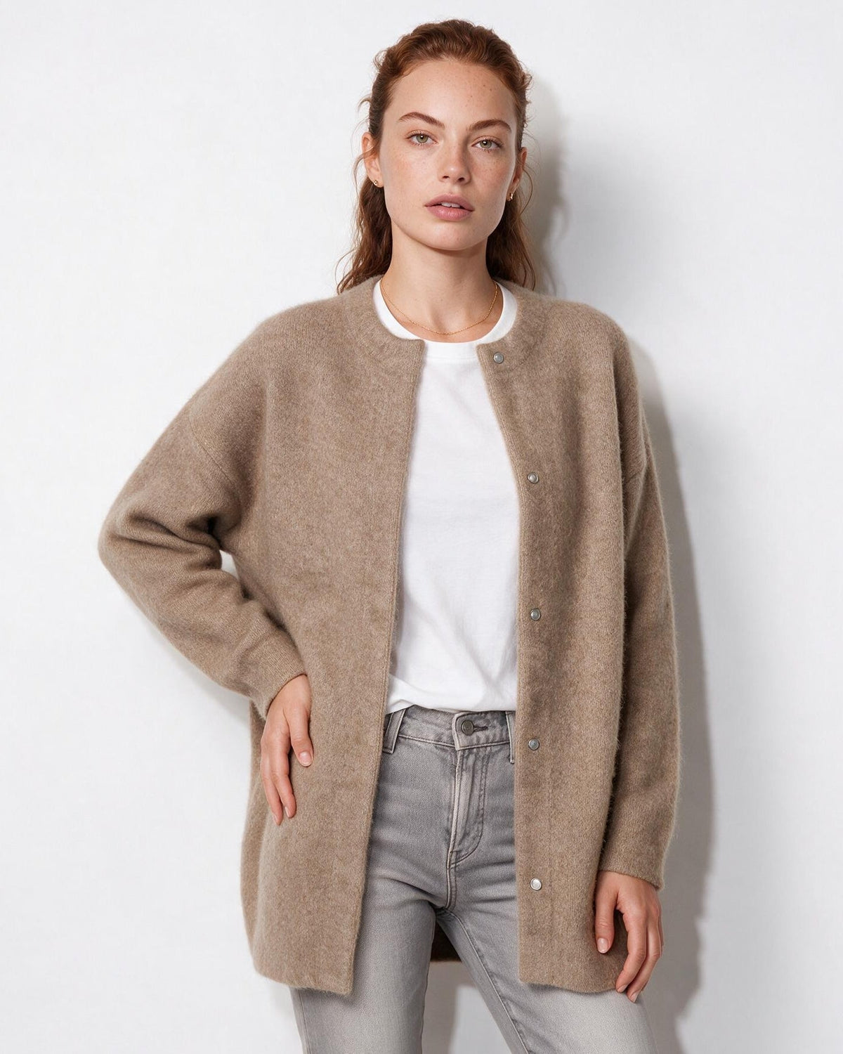 Loovay Sovelle Lang Damesvest, Oversized Pasvorm