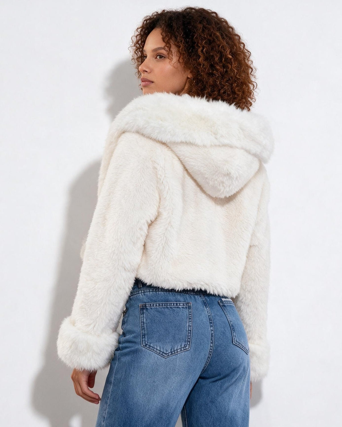 Loovay Amélie Cropped Imitatiebont Jas met Capuchon