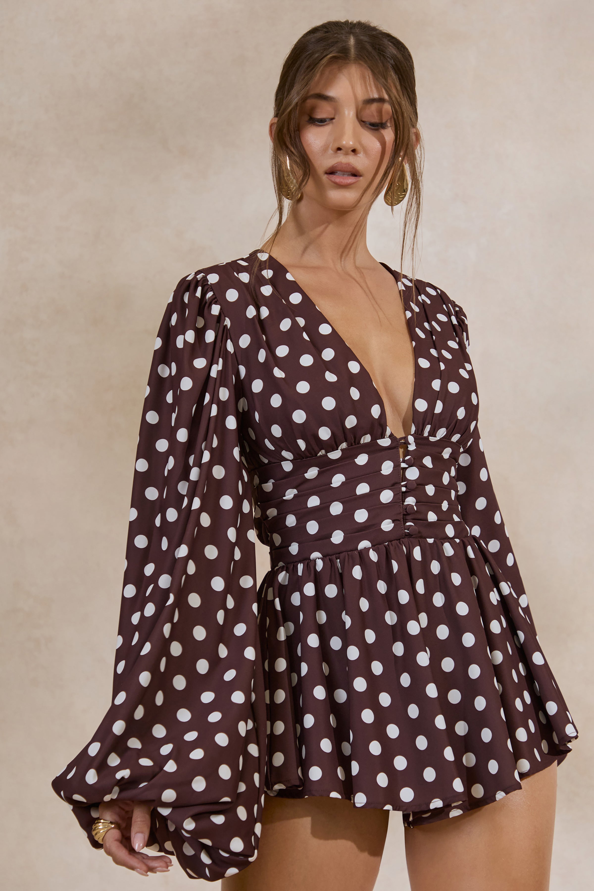 Loovay Dolce Pois Playsuit, Bruine Polkadot Jumpsuit met Ballonmouwen