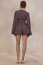 Loovay Dolce Pois Playsuit, Bruine Polkadot Jumpsuit met Ballonmouwen