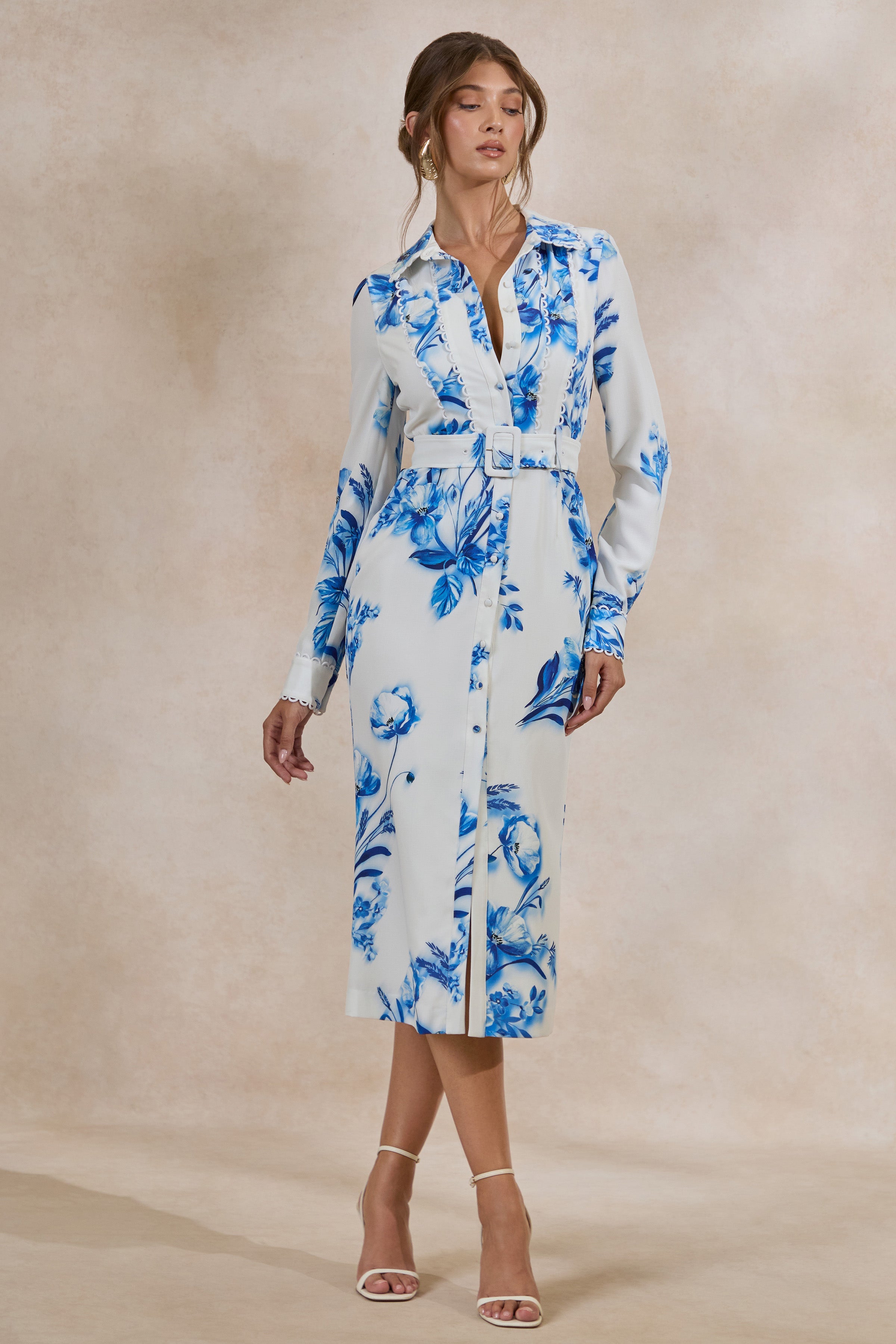 Loovay Azurelle Jurk, Midi met Blauwe Bloemenprint