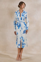 Loovay Azurelle Jurk, Midi met Blauwe Bloemenprint
