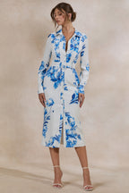 Loovay Azurelle Jurk, Midi met Blauwe Bloemenprint